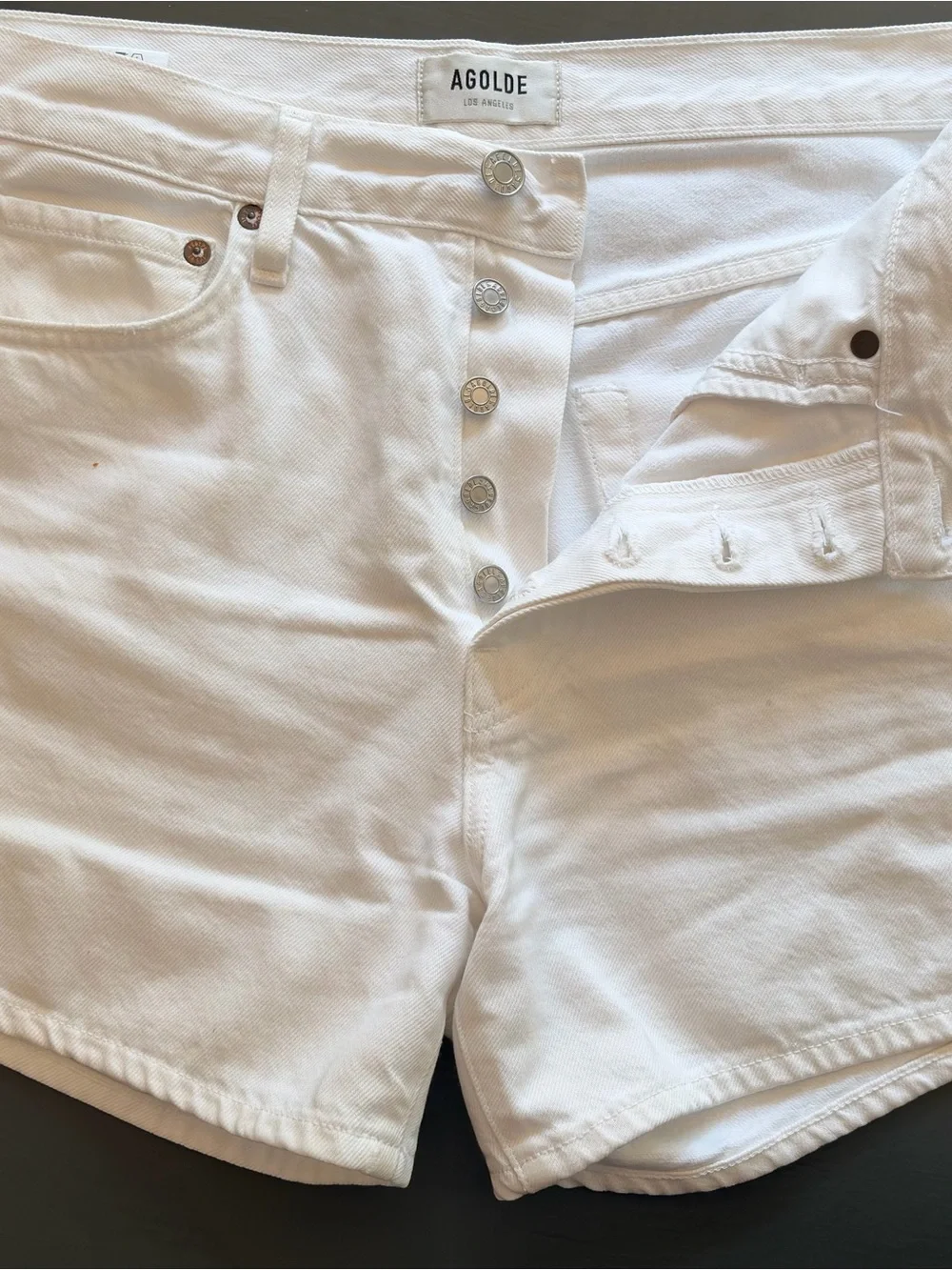 Agolde White Parker Long High-Rise Button-Fly, Finished Hem, Denim Shorts